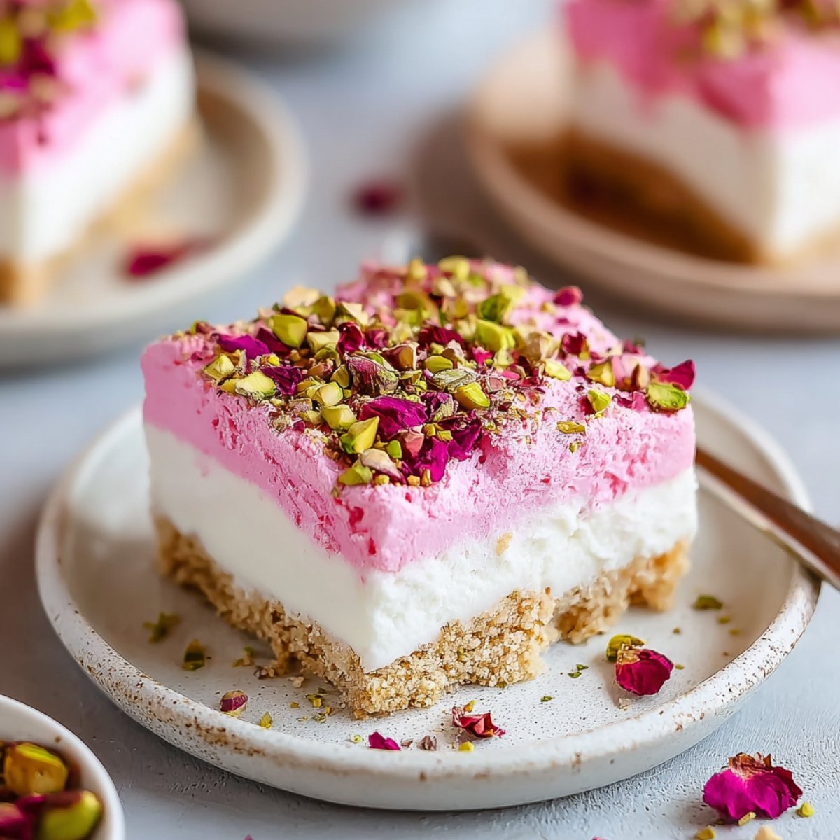 A slice of pistachio rose milk cake on a speckled ceramic plate, showing distinct layers of a nutty crumb base, white cream, and pink rose-flavored cream, topped with chopped pistachios and dried rose petals, with scattered petals and pistachios on the surface nearby.