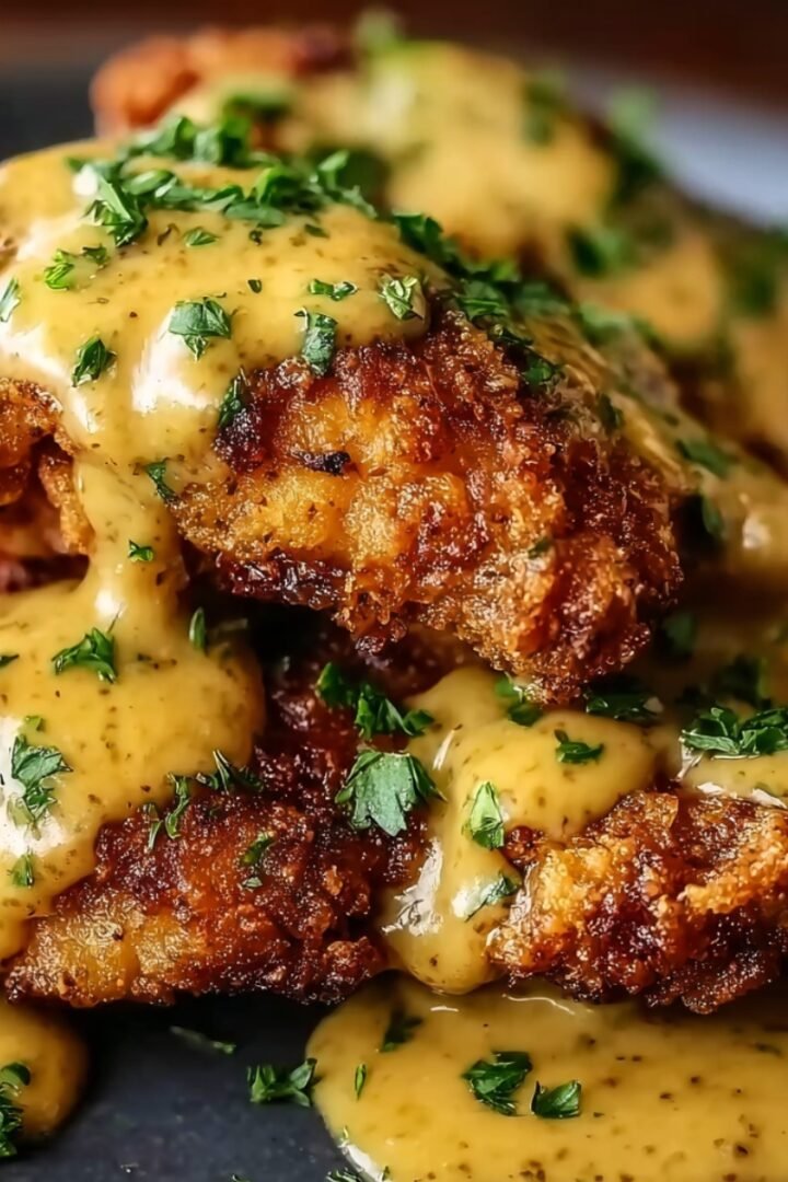 A square extreme close-up photograph focusing on a young woman's hands with baby pink manicured nails. One hand holds a small spoon (image_2.png tool reference) and delicately spoons the warm, rich mustard-cheddar sauce over the top of a crispy, golden-brown pretzel-crusted chicken cutlet. The cutlet is arranged on a serving platter alongside creamy mashed potatoes (image_9.png texture reference). The entire dish is garnished with freshly chopped parsley. The setup is on a white marble kitchen counter.
