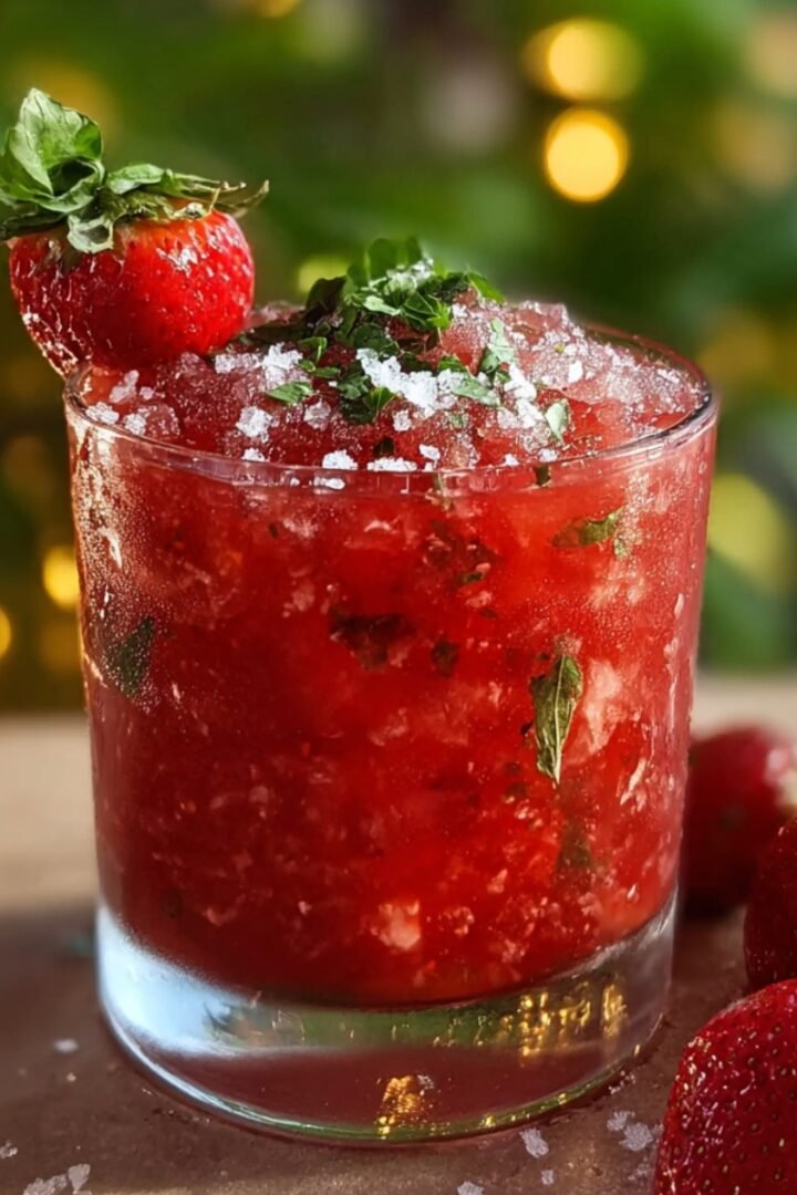 A rocks glass filled with a red strawberry basil smash cocktail over crushed ice, garnished with chopped fresh basil, coarse sugar, and a whole strawberry on the rim, with fresh strawberries beside the glass and bokeh lights in the background.