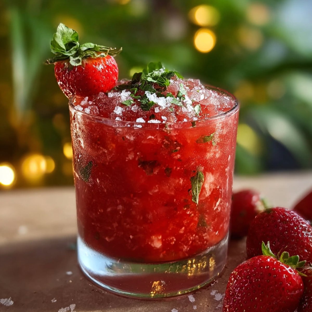 A rocks glass filled with a red strawberry basil smash cocktail over crushed ice, garnished with chopped fresh basil, coarse sugar, and a whole strawberry on the rim, with fresh strawberries beside the glass and bokeh lights in the background.