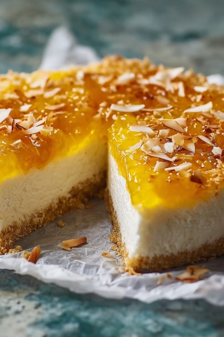 Sticky Coconut Cake with a creamy white coconut filling on a golden crust, topped with glossy tropical fruit glaze and toasted coconut flakes, with one slice removed.