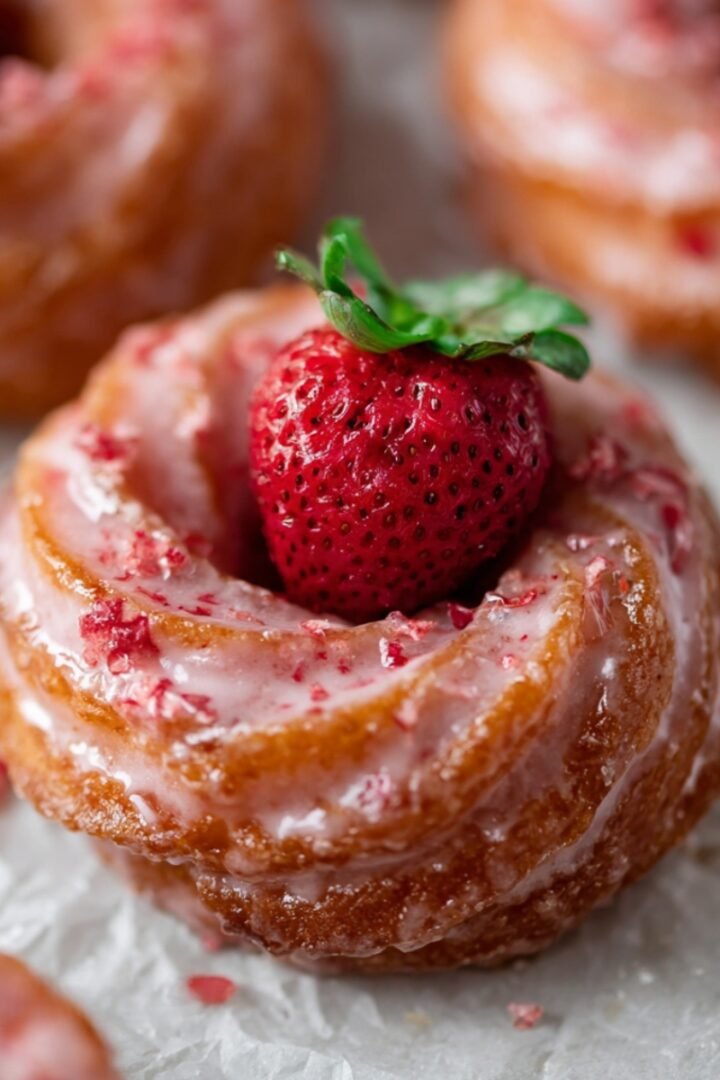 Strawberry Glazed French Crullers coated in glossy strawberry glaze and freeze-dried strawberry crumbles, each topped with a fresh whole strawberry.
