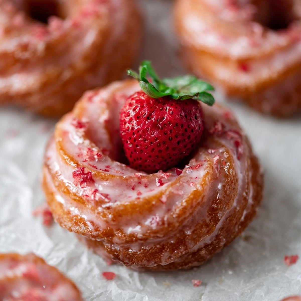 Strawberry Glazed French Crullers coated in glossy strawberry glaze and freeze-dried strawberry crumbles, each topped with a fresh whole strawberry.