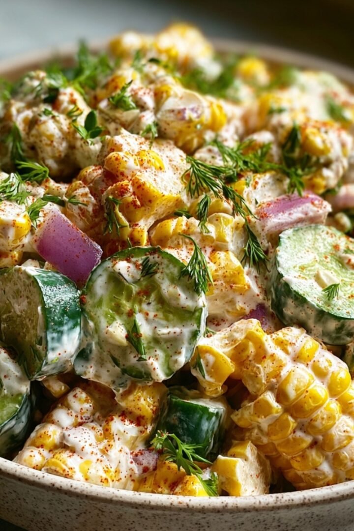 Street Corn Creamy Cucumber Salad in a speckled bowl with corn, sliced cucumbers, red onion, fresh dill, paprika, and creamy dressing.