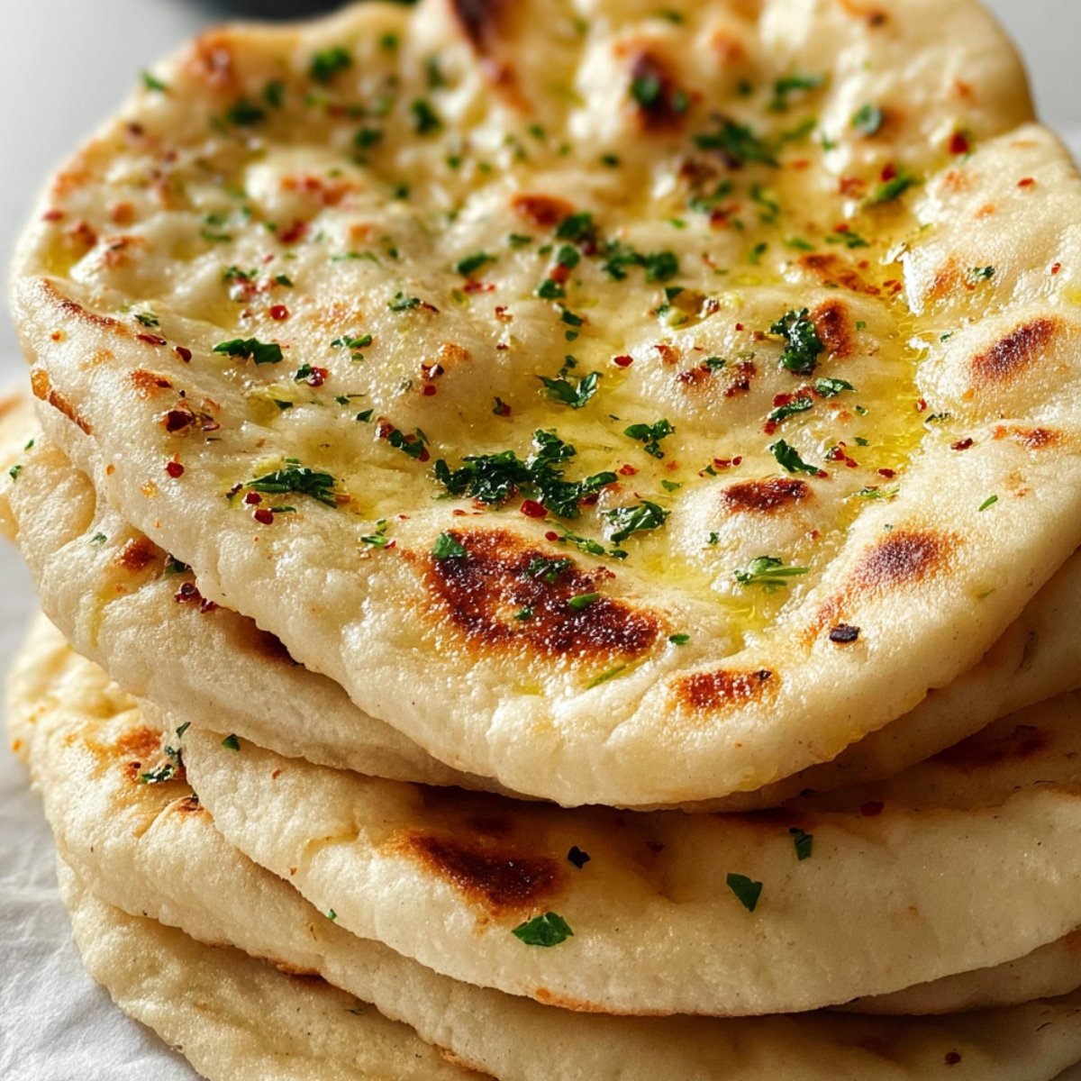 A stack of four soft Turkish flatbreads with golden char marks, the top piece brushed with melted butter and sprinkled with chopped fresh parsley and red pepper flakes, on a white surface.