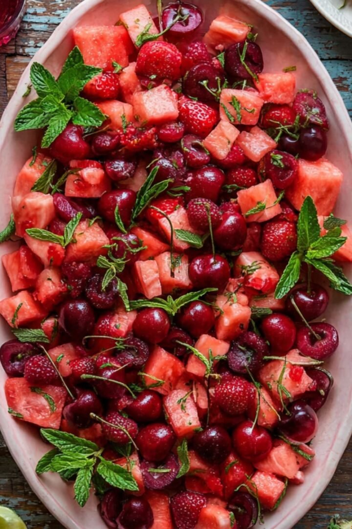 Watermelon Fruit Salad on a pink oval platter with fresh cherries, strawberries, watermelon chunks, and mint leaves on a rustic wooden table.