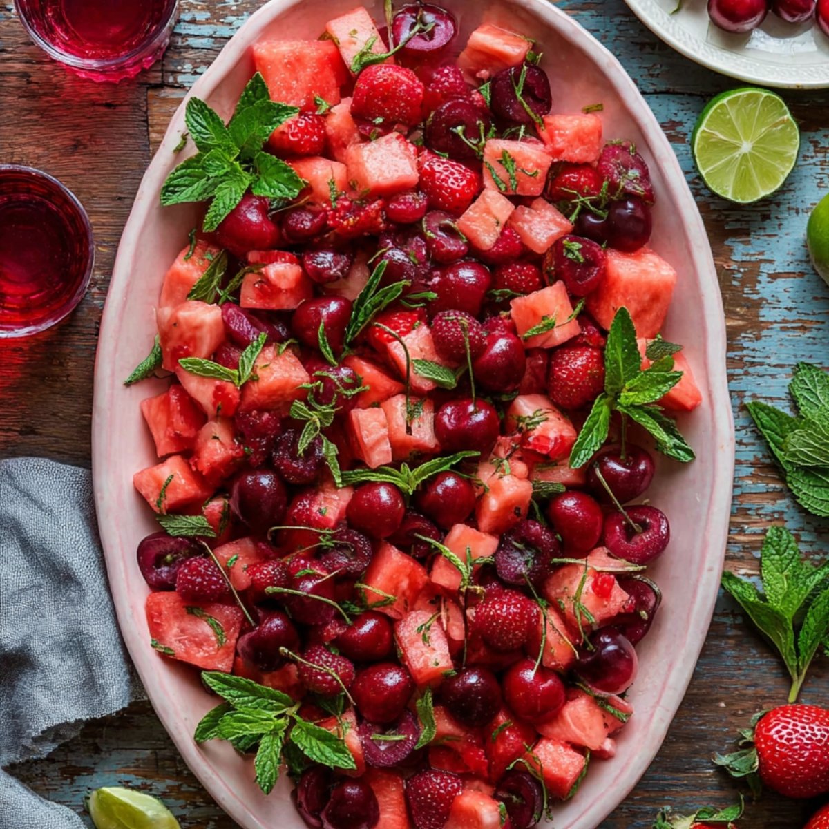 Watermelon Fruit Salad on a pink oval platter with fresh cherries, strawberries, watermelon chunks, and mint leaves on a rustic wooden table.