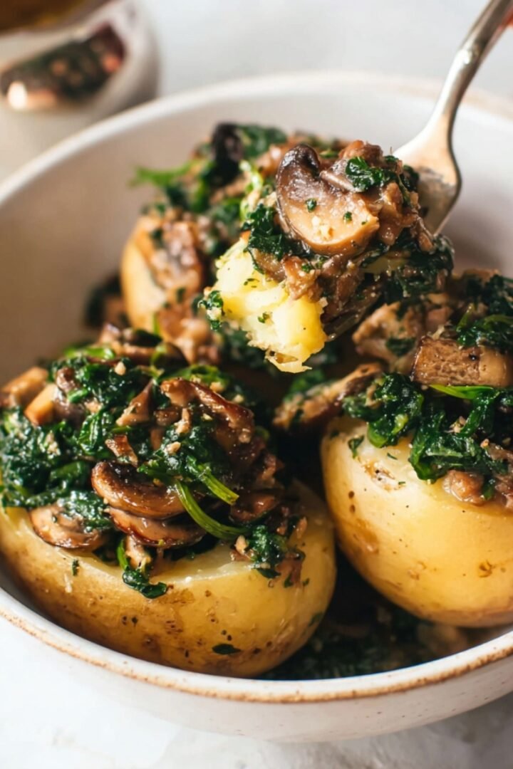 Close-up of baked potatoes stuffed with sautéed mushrooms and spinach in a white bowl, with a fork lifting a bite showing the soft, fluffy interior.