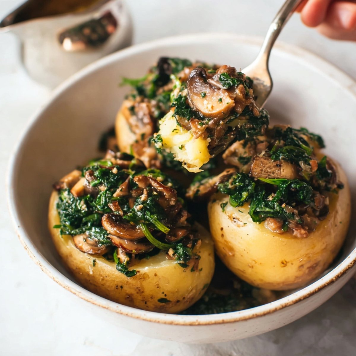 Close-up of baked potatoes stuffed with sautéed mushrooms and spinach in a white bowl, with a fork lifting a bite showing the soft, fluffy interior.