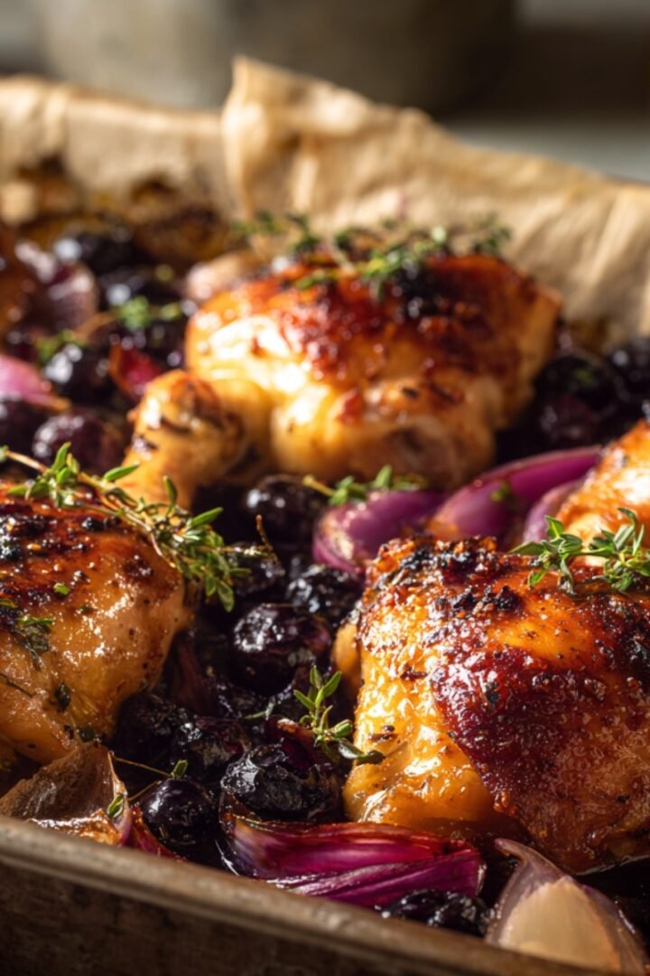 A rustic baking pan of golden roasted blueberry thyme chicken thighs surrounded by juicy roasted blueberries and red onion wedges, garnished with fresh thyme sprigs, lined with parchment paper.