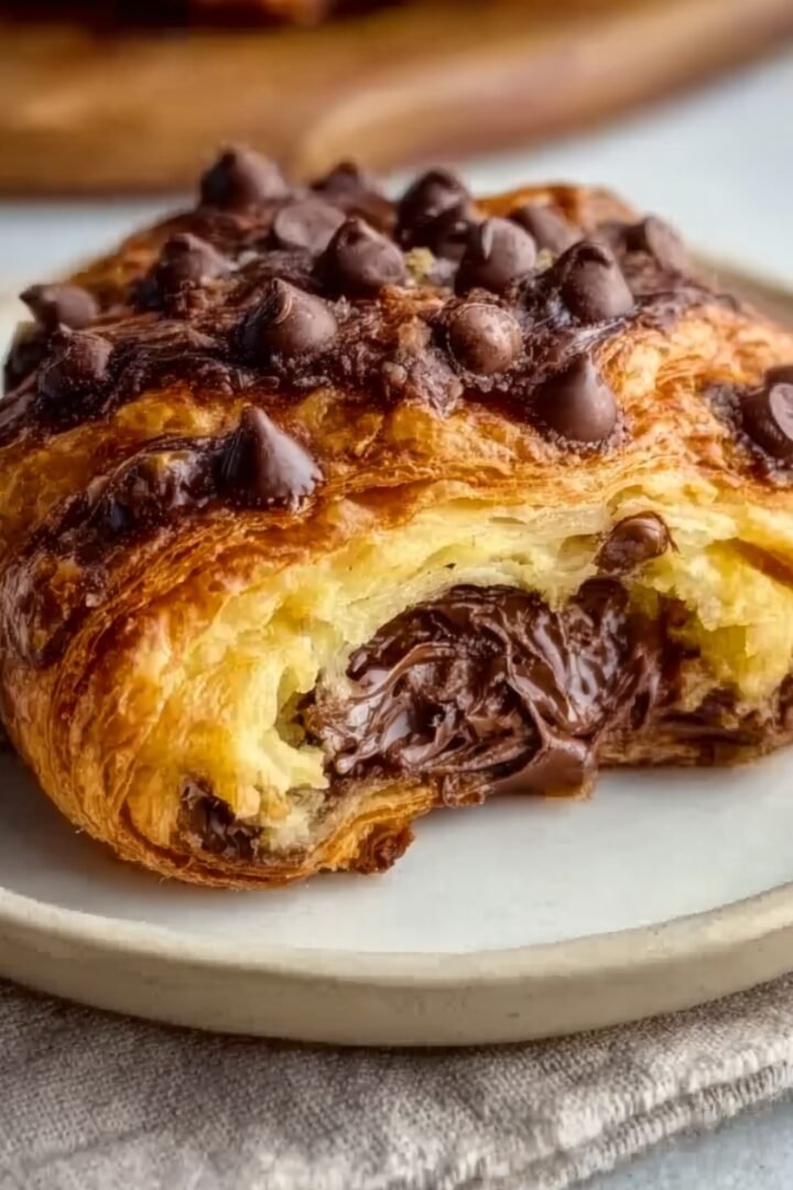 A golden flaky croissant on a speckled ceramic plate, loaded with melted chocolate filling oozing from the center and topped with chocolate chips, on a linen cloth with a wooden board in the background.