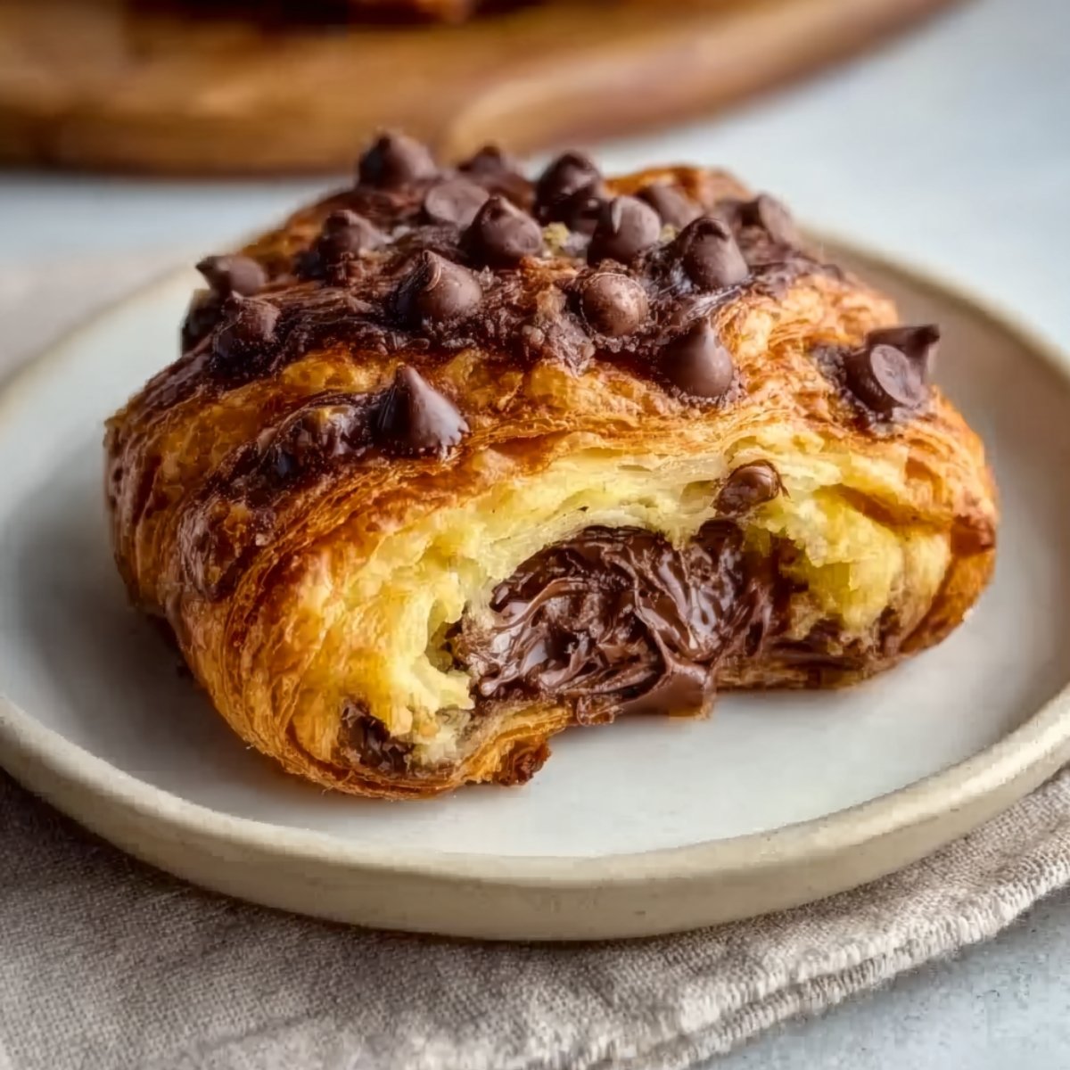 A golden flaky croissant on a speckled ceramic plate, loaded with melted chocolate filling oozing from the center and topped with chocolate chips, on a linen cloth with a wooden board in the background.