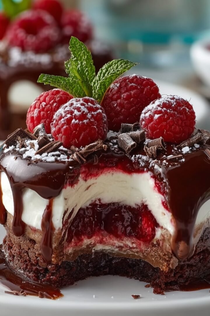 A chocolate raspberry cheesecake dome on a white plate, with a chocolate cake base, revealing layers of creamy cheesecake and raspberry filling, draped in dark chocolate ganache and topped with fresh raspberries, chocolate shavings, powdered sugar, and a mint sprig.