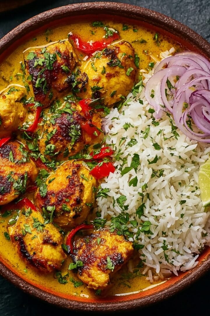 A rustic clay bowl of Churu chicken amarillo with seared chicken pieces in a vibrant golden yellow ají amarillo sauce with red peppers, served alongside cilantro rice, pickled red onions, and a lime wedge, garnished with fresh cilantro.
