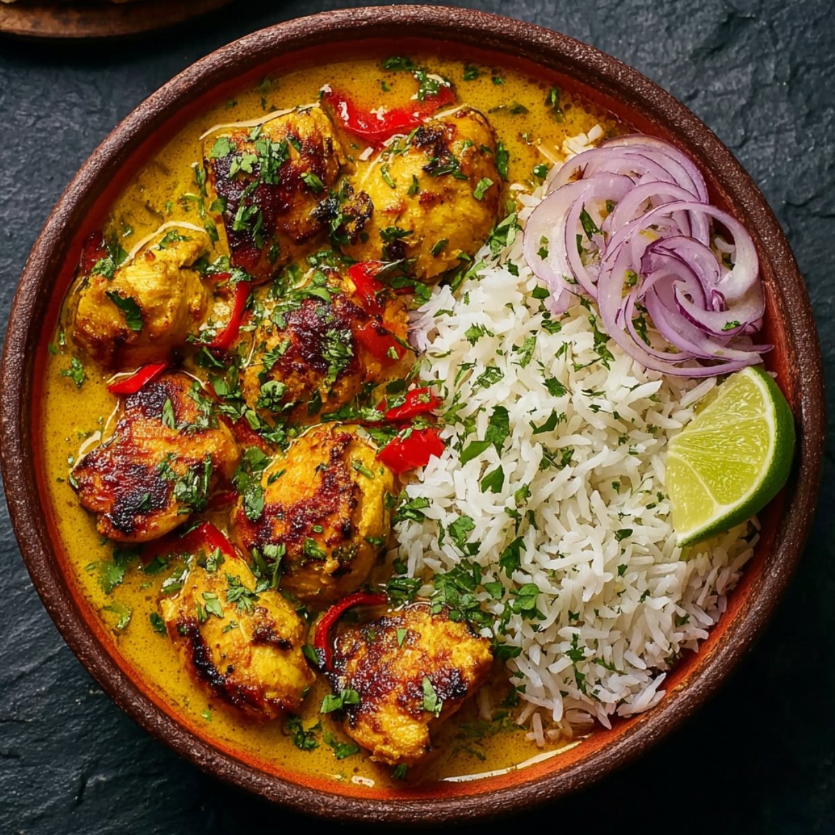 A rustic clay bowl of Churu chicken amarillo with seared chicken pieces in a vibrant golden yellow ají amarillo sauce with red peppers, served alongside cilantro rice, pickled red onions, and a lime wedge, garnished with fresh cilantro.