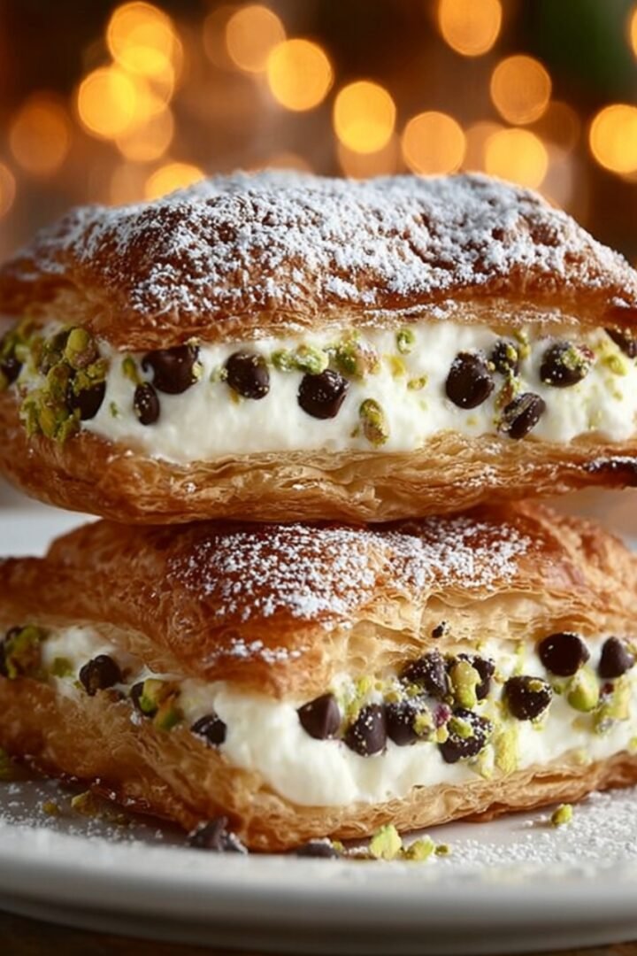 Two stacked classic cannoli squares on a white plate, with golden flaky pastry layers filled with creamy ricotta studded with mini chocolate chips and chopped pistachios, dusted with powdered sugar, against a warm bokeh light background.