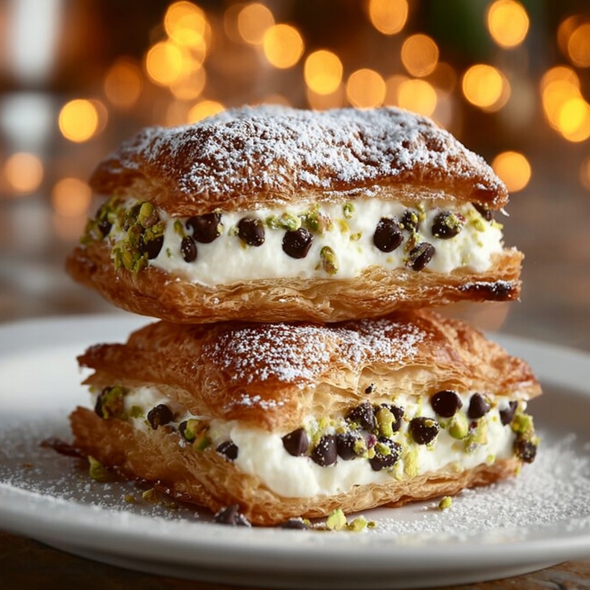 Two stacked classic cannoli squares on a white plate, with golden flaky pastry layers filled with creamy ricotta studded with mini chocolate chips and chopped pistachios, dusted with powdered sugar, against a warm bokeh light background.