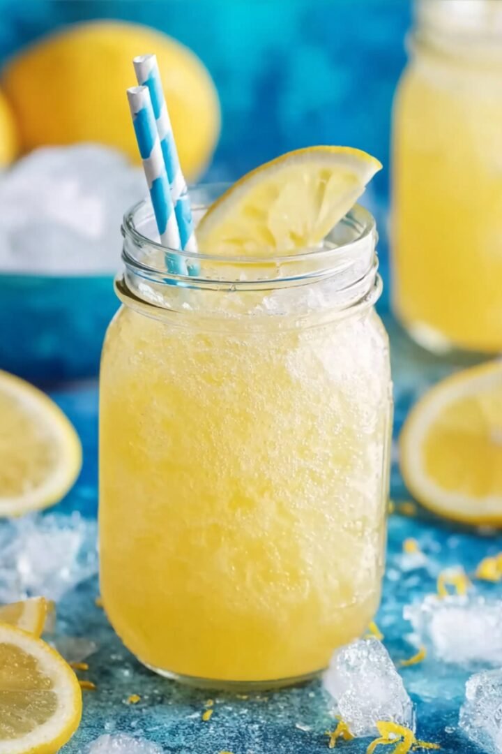 A mason jar of frozen lemonade with a slushy yellow texture, garnished with a lemon wedge and a blue and white striped straw, surrounded by ice cubes, lemon slices, and lemon zest on a vibrant blue surface.