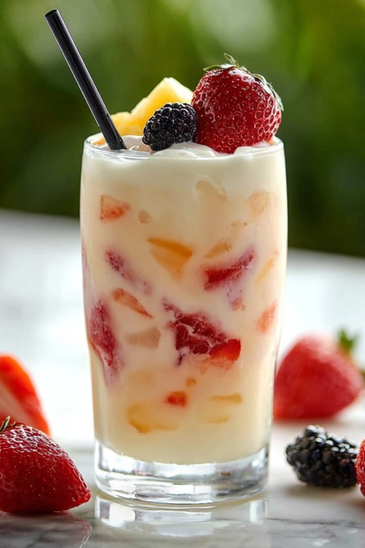 A tall glass of fruit Irish cream soda filled with chunks of strawberries and pineapple in a creamy white base, topped with fresh strawberries, blackberries, and pineapple pieces with a black straw, surrounded by fresh berries on a marble surface with a green bokeh background.