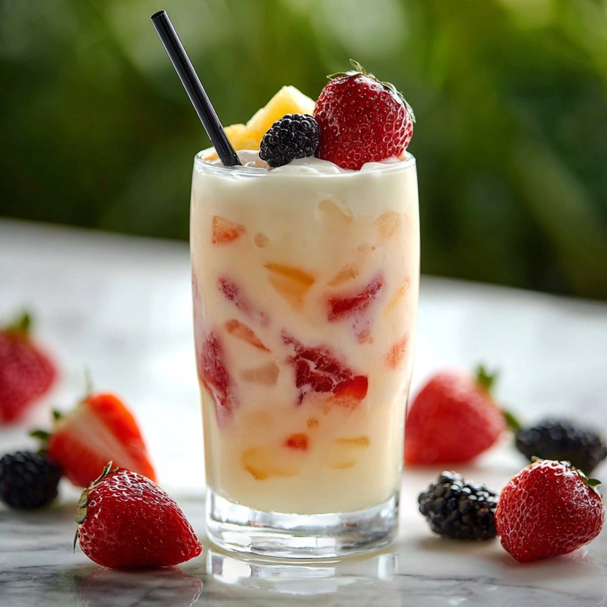 A tall glass of fruit Irish cream soda filled with chunks of strawberries and pineapple in a creamy white base, topped with fresh strawberries, blackberries, and pineapple pieces with a black straw, surrounded by fresh berries on a marble surface with a green bokeh background.