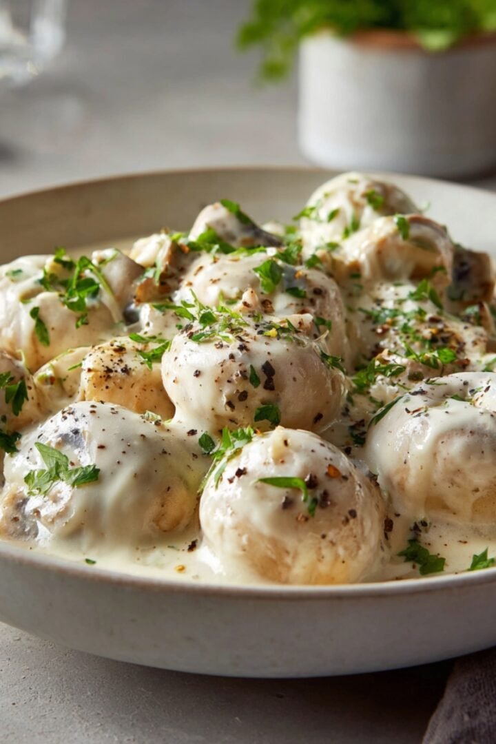 A bowl of whole button mushrooms smothered in a creamy garlic Parmesan sauce, garnished with fresh chopped parsley and cracked black pepper, served in a white ceramic bowl on a light gray surface.