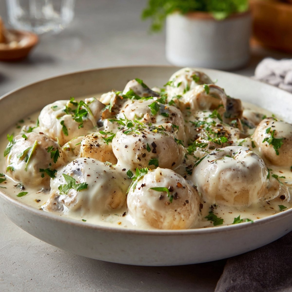 A bowl of whole button mushrooms smothered in a creamy garlic Parmesan sauce, garnished with fresh chopped parsley and cracked black pepper, served in a white ceramic bowl on a light gray surface.