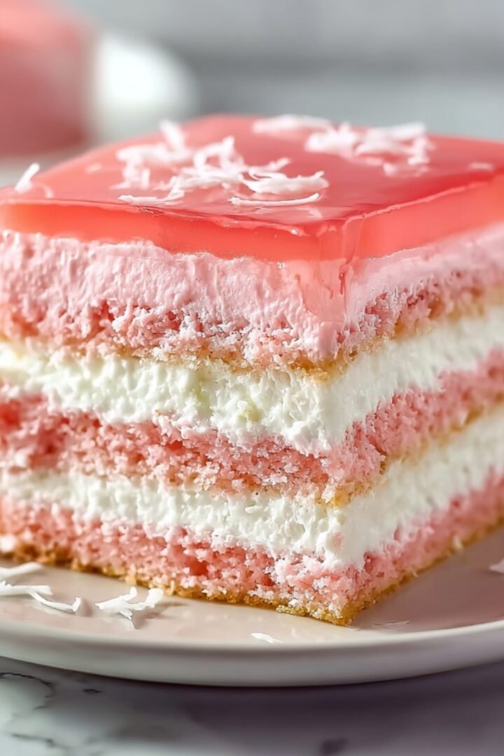 A slice of Hawaiian guava cake on a white plate showing distinct layers of pink guava sponge cake, white cream filling, pink guava mousse, and a glossy pink guava gel topping garnished with shredded coconut, on a marble surface.