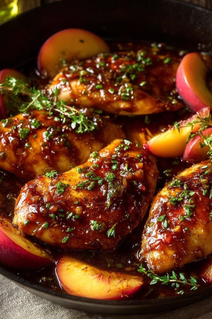 A cast iron skillet of honey butter peach chicken with glazed seared chicken thighs in a rich caramelized sauce, surrounded by fresh peach slices and garnished with fresh thyme sprigs.