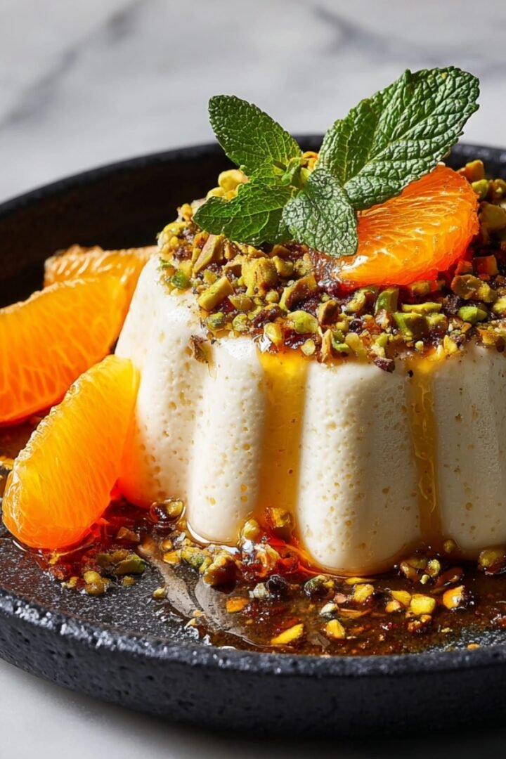 A molded honey orange ricotta mousse dome on a dark plate, topped with chopped pistachios, honey drizzle, and fresh mint, served alongside orange segments on a marble surface.