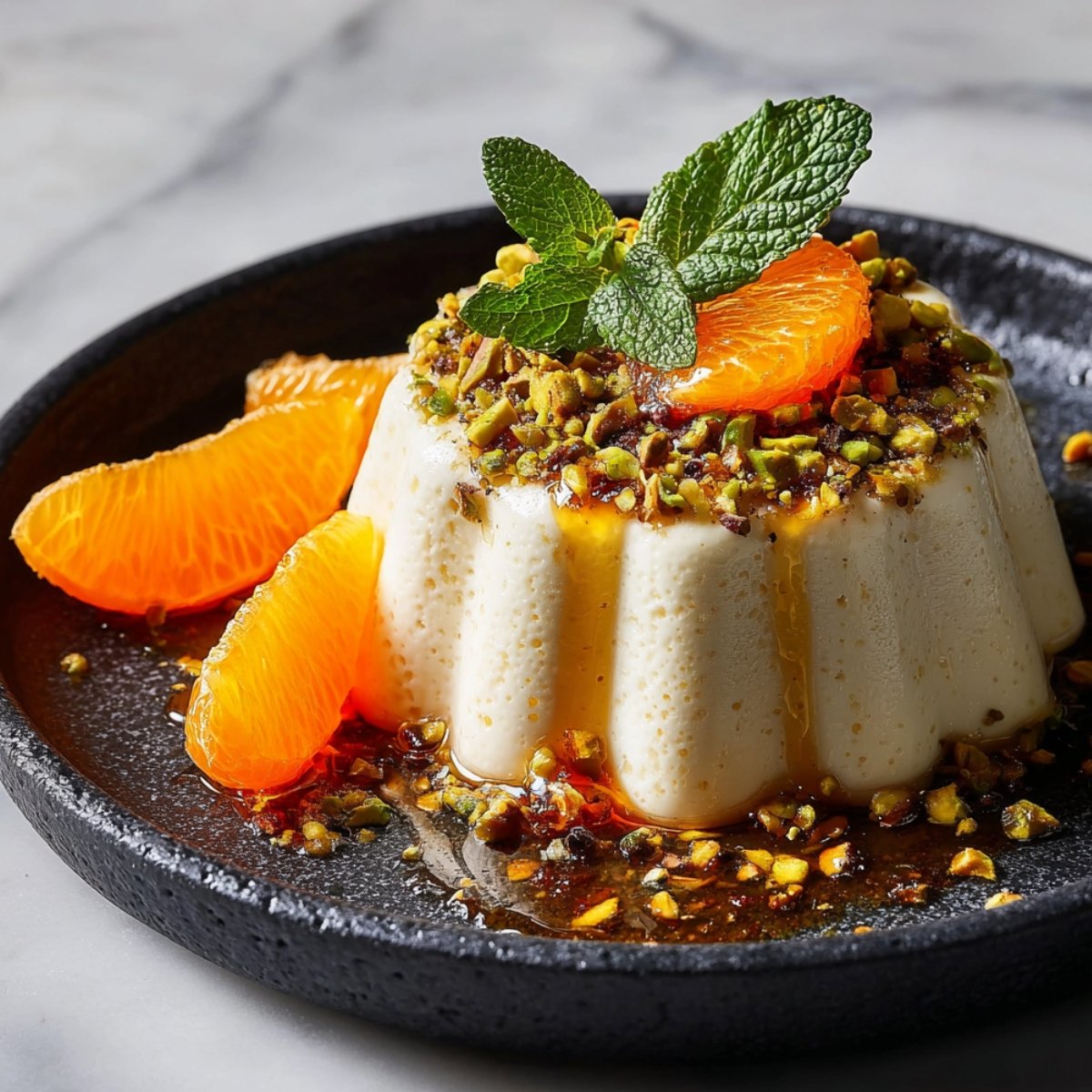 A molded honey orange ricotta mousse dome on a dark plate, topped with chopped pistachios, honey drizzle, and fresh mint, served alongside orange segments on a marble surface.