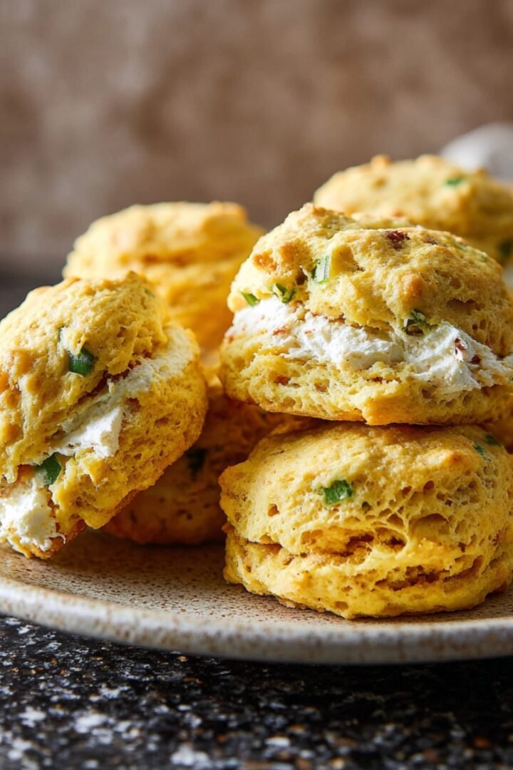 A speckled ceramic plate stacked with golden jalapeño cornbread whoopie pies filled with cream cheese, showing visible flecks of green jalapeño throughout the tender cornbread rounds, on a dark granite surface.