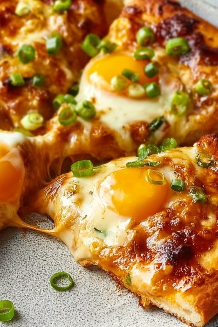 A crispy baked kimchi cheddar tortilla topped with runny sunny-side-up eggs, melted cheddar cheese, and spicy kimchi sauce, garnished with sliced green onions, with a slice pulled away showing stretchy melted cheese underneath.