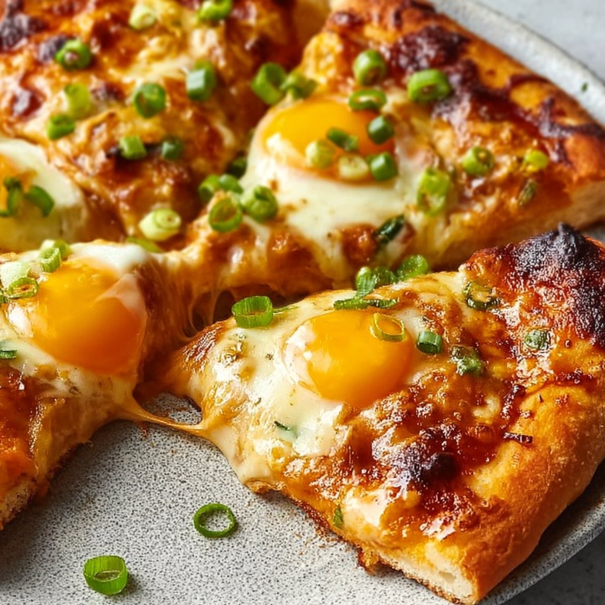 A crispy baked kimchi cheddar tortilla topped with runny sunny-side-up eggs, melted cheddar cheese, and spicy kimchi sauce, garnished with sliced green onions, with a slice pulled away showing stretchy melted cheese underneath.
