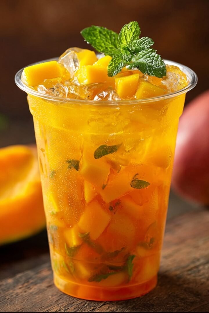 A clear plastic cup of vibrant orange mango iced tea filled with diced mango chunks, fresh mint leaves, and ice, garnished with a mint sprig on top, with fresh mangoes alongside on a rustic wooden surface.