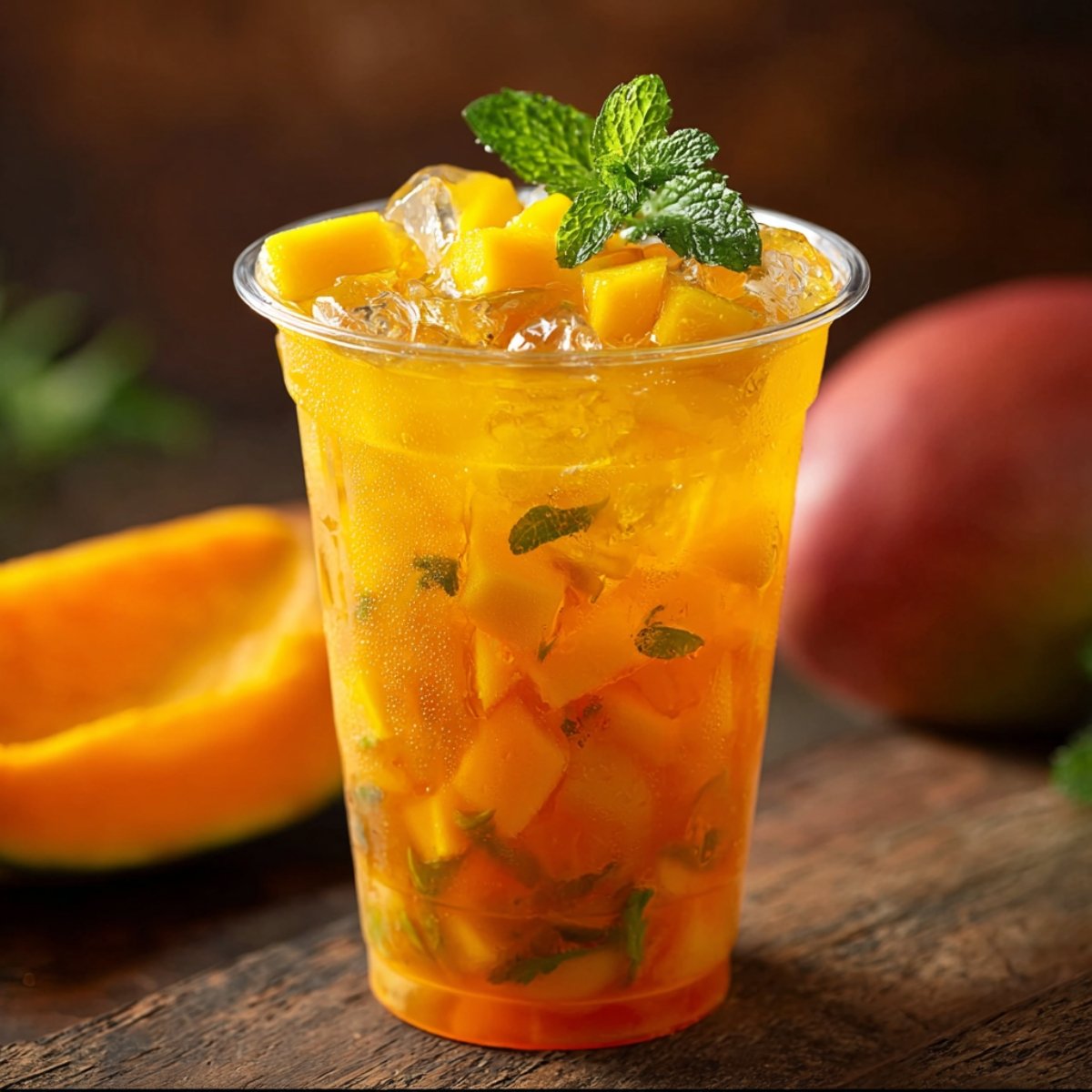 A clear plastic cup of vibrant orange mango iced tea filled with diced mango chunks, fresh mint leaves, and ice, garnished with a mint sprig on top, with fresh mangoes alongside on a rustic wooden surface.