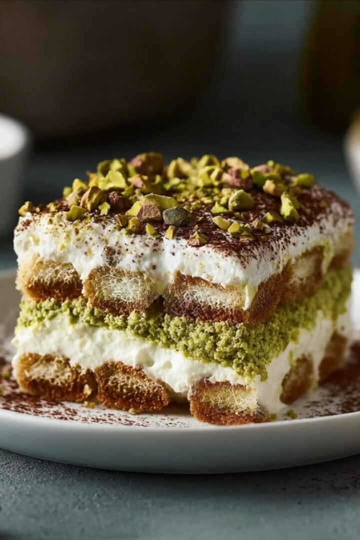 A slice of pistachio tiramisu on a white plate, showing distinct layers of espresso-soaked ladyfingers, mascarpone cream, and vibrant green pistachio powder, topped with whipped cream, cocoa dusting, and chopped pistachios, on a blue-gray surface.