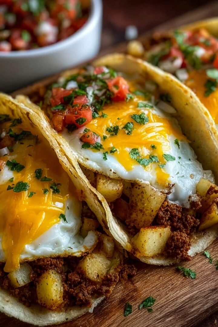 Three flour tortilla breakfast tacos loaded with seasoned ground meat, diced potatoes, and fried eggs topped with melted cheddar cheese, pico de gallo, and fresh cilantro, served on a wooden board with a bowl of salsa in the background.