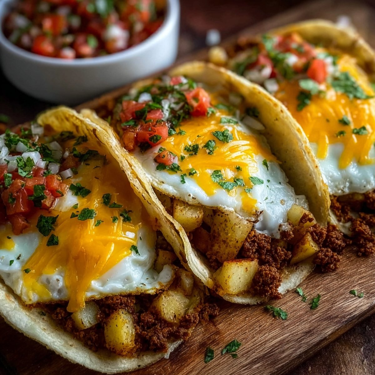 Three flour tortilla breakfast tacos loaded with seasoned ground meat, diced potatoes, and fried eggs topped with melted cheddar cheese, pico de gallo, and fresh cilantro, served on a wooden board with a bowl of salsa in the background.