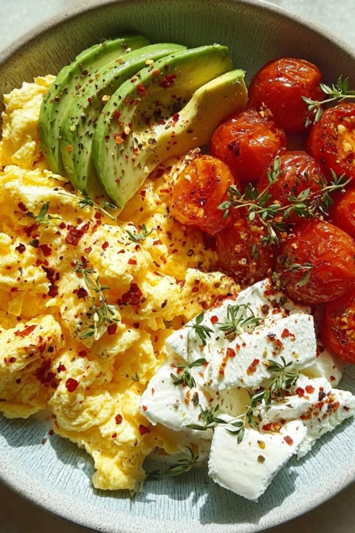 Overhead view of a protein-packed breakfast plate in a ceramic bowl with fluffy scrambled eggs topped with sliced avocado, roasted cherry tomatoes with fresh thyme, and cubed feta cheese, all sprinkled with red chili flakes.