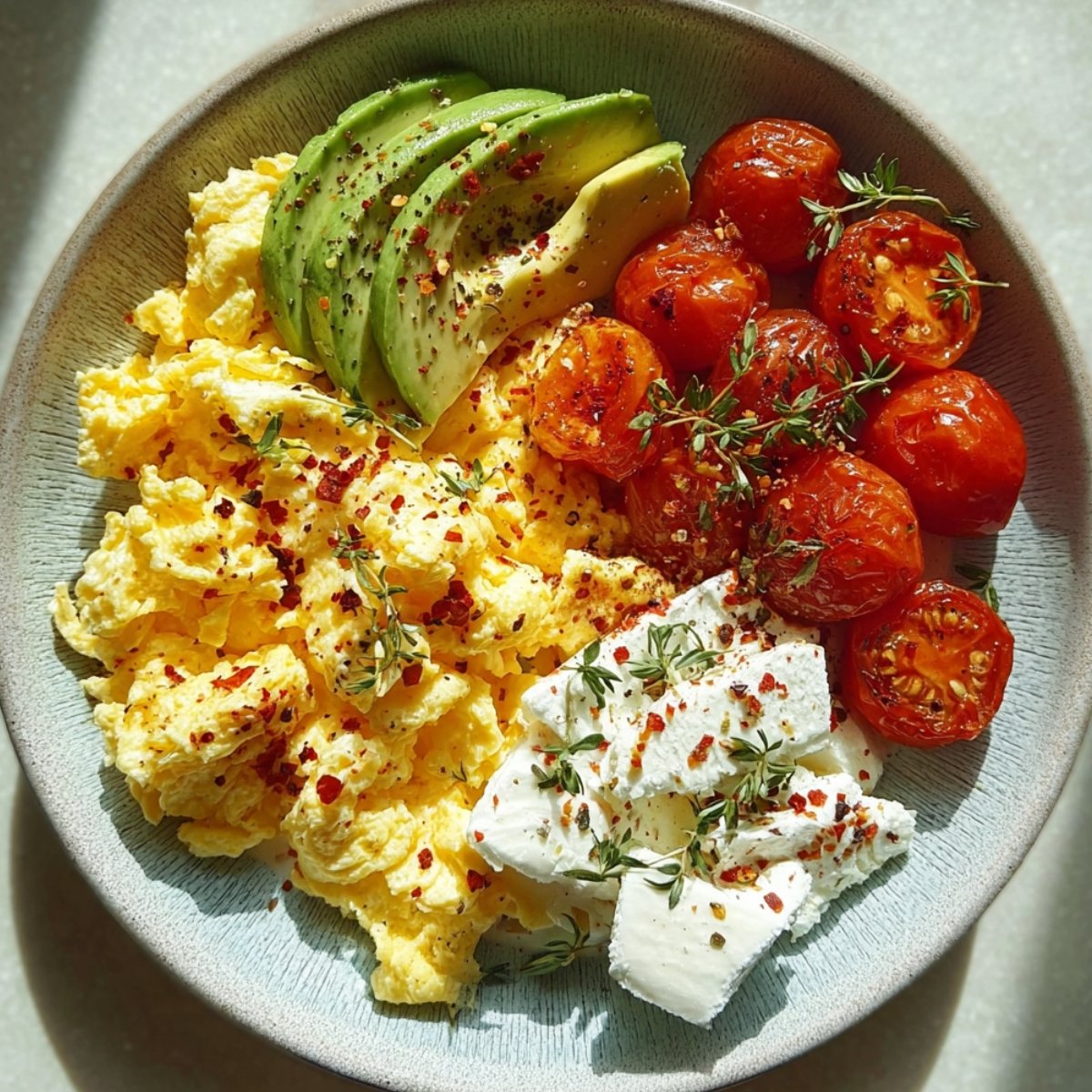 Overhead view of a protein-packed breakfast plate in a ceramic bowl with fluffy scrambled eggs topped with sliced avocado, roasted cherry tomatoes with fresh thyme, and cubed feta cheese, all sprinkled with red chili flakes.