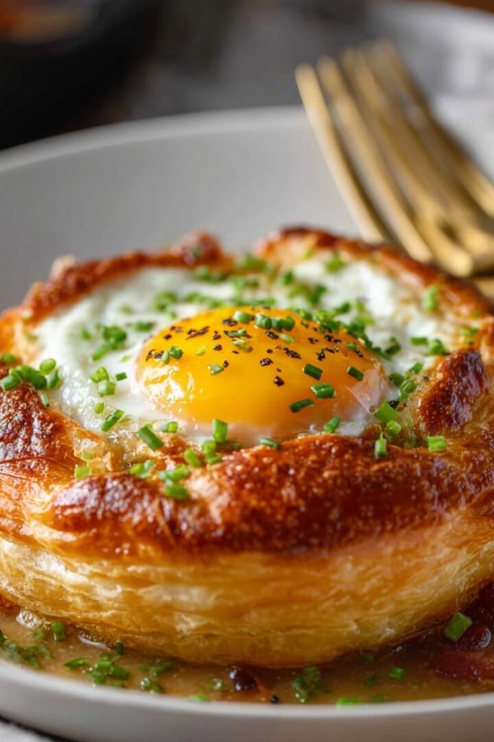 A golden flaky puff pastry breakfast pot pie on a white plate, with a sunny-side-up egg baked into the center, garnished with fresh chives and cracked black pepper, served with a savory sauce and gold forks alongside.