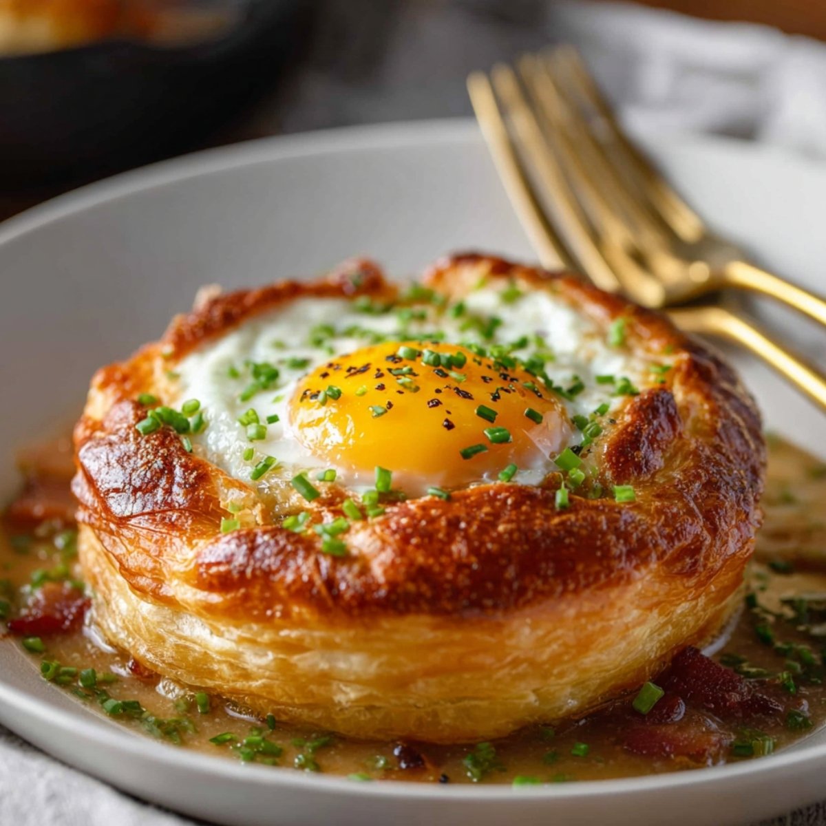 A golden flaky puff pastry breakfast pot pie on a white plate, with a sunny-side-up egg baked into the center, garnished with fresh chives and cracked black pepper, served with a savory sauce and gold forks alongside.