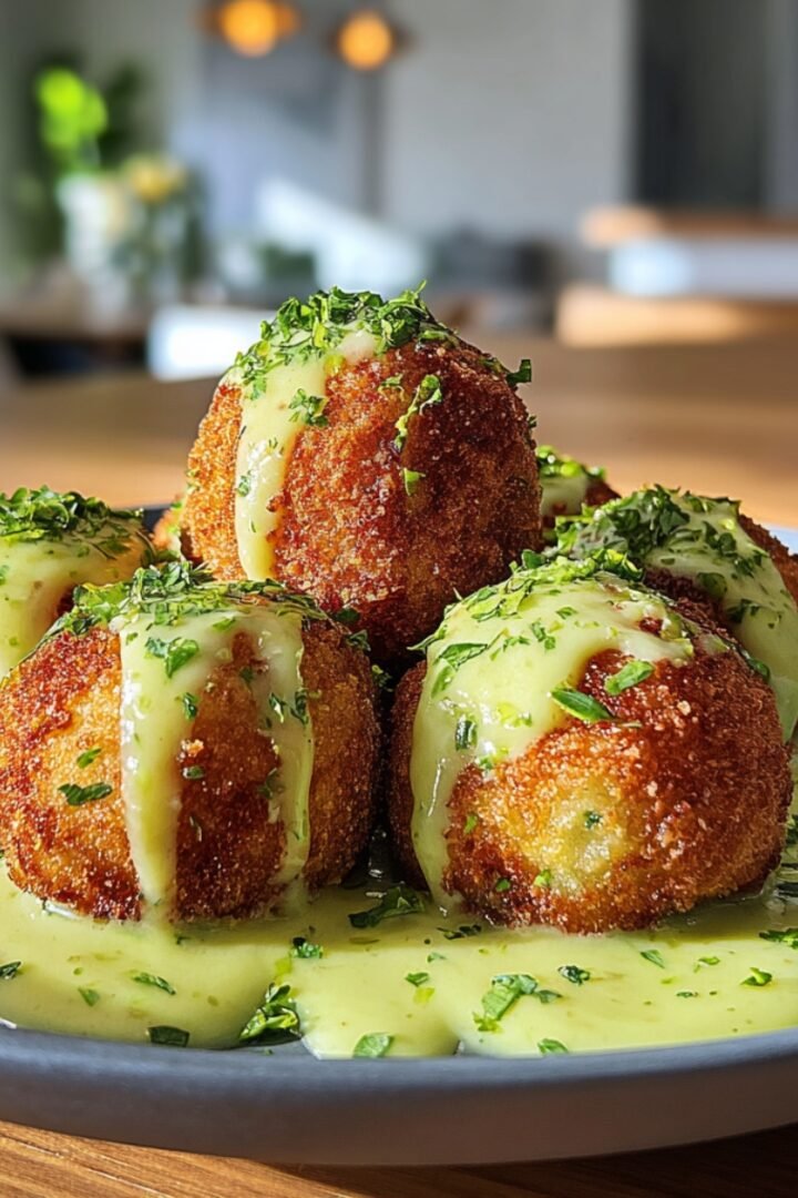 Golden crispy fried salmon balls stacked on a gray plate, drizzled with a smooth creamy avocado sauce and garnished with fresh chopped herbs, with a blurred modern kitchen interior in the background.