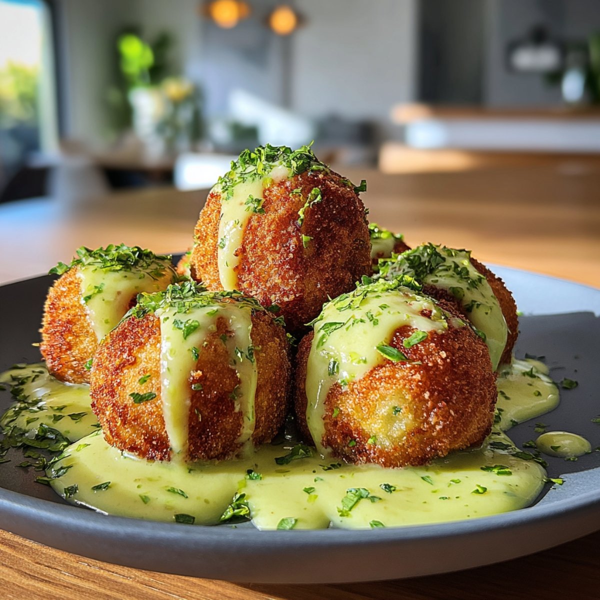 Golden crispy fried salmon balls stacked on a gray plate, drizzled with a smooth creamy avocado sauce and garnished with fresh chopped herbs, with a blurred modern kitchen interior in the background.