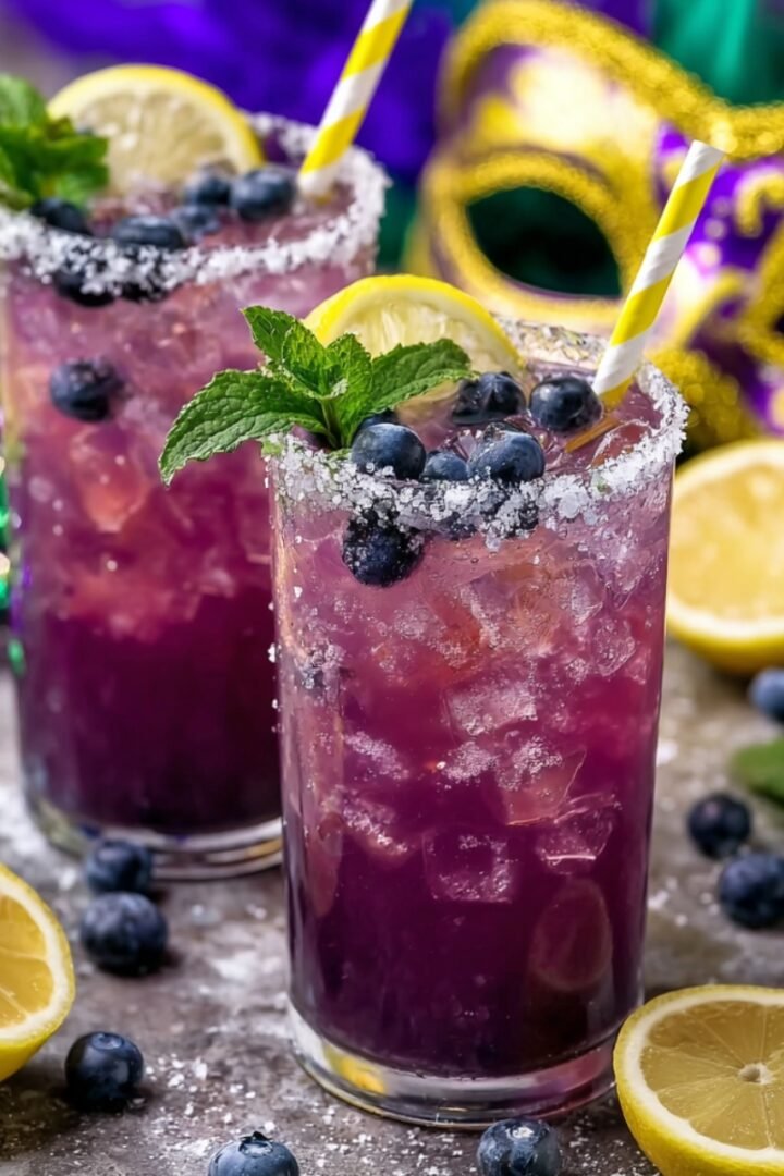 Two sugar-rimmed glasses of sparkling purple lemonade over crushed ice, topped with fresh blueberries, lemon slices, mint, and yellow and white striped straws, surrounded by halved lemons and scattered blueberries with colorful Mardi Gras beads and a decorative mask in the background.