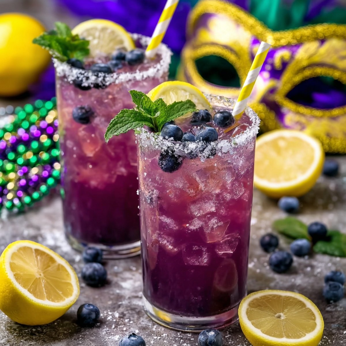 Two sugar-rimmed glasses of sparkling purple lemonade over crushed ice, topped with fresh blueberries, lemon slices, mint, and yellow and white striped straws, surrounded by halved lemons and scattered blueberries with colorful Mardi Gras beads and a decorative mask in the background.
