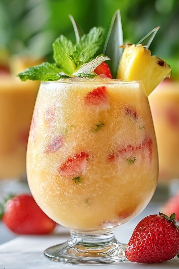 A chilled glass of Strawberry Pineapple Swirled Slushie with visible strawberry chunks, garnished with fresh mint, a pineapple wedge, and surrounded by fresh strawberries.