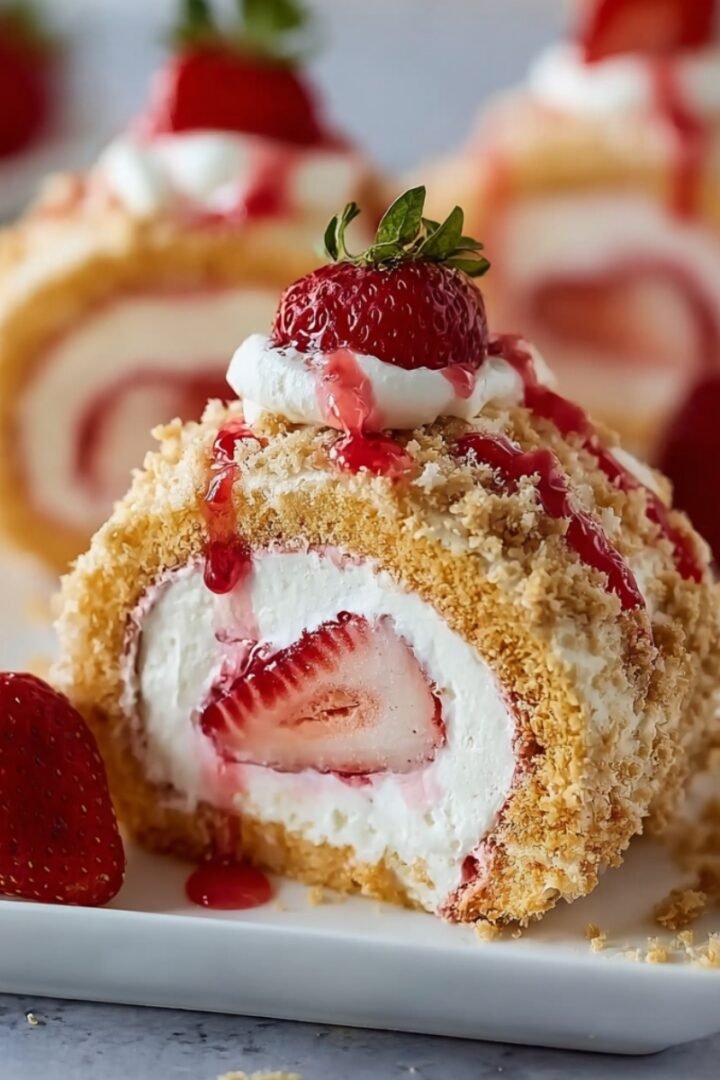 A sliced strawberry shortcake cheesecake sushi roll on a white plate, revealing a spiral of cream cheese filling and fresh strawberries inside, coated in golden cookie crumble, drizzled with strawberry sauce, and topped with whipped cream and a whole strawberry.