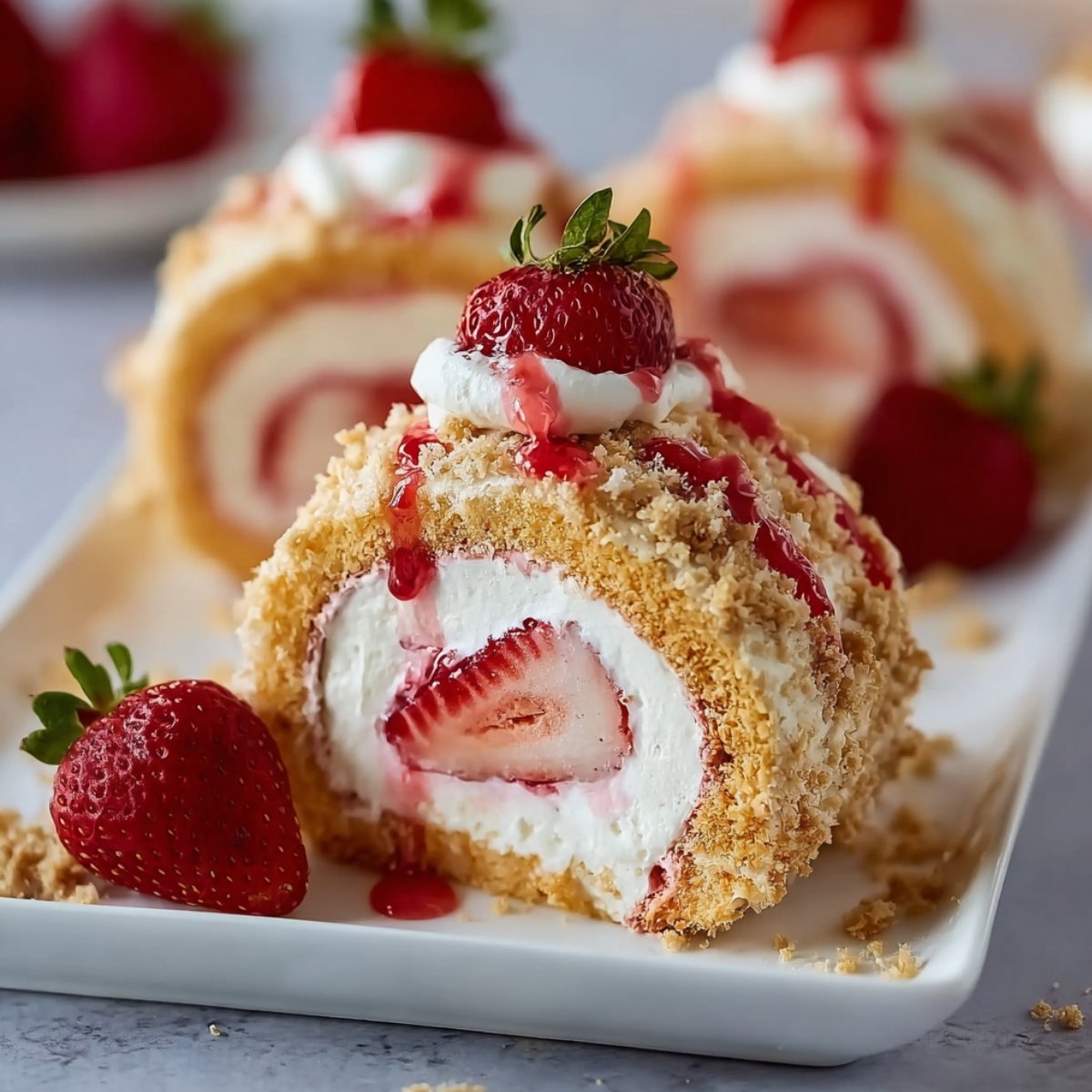 A sliced strawberry shortcake cheesecake sushi roll on a white plate, revealing a spiral of cream cheese filling and fresh strawberries inside, coated in golden cookie crumble, drizzled with strawberry sauce, and topped with whipped cream and a whole strawberry.