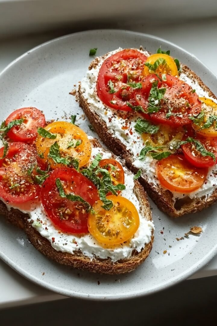 Overhead view of two slices of golden-toasted whole grain bread generously spread with fluffy white cottage cheese, topped with a colorful mix of sliced red and yellow cherry tomatoes, fresh chopped herbs, red chili flakes, and cracked black pepper, served on a speckled white ceramic plate resting on a bright white windowsill.